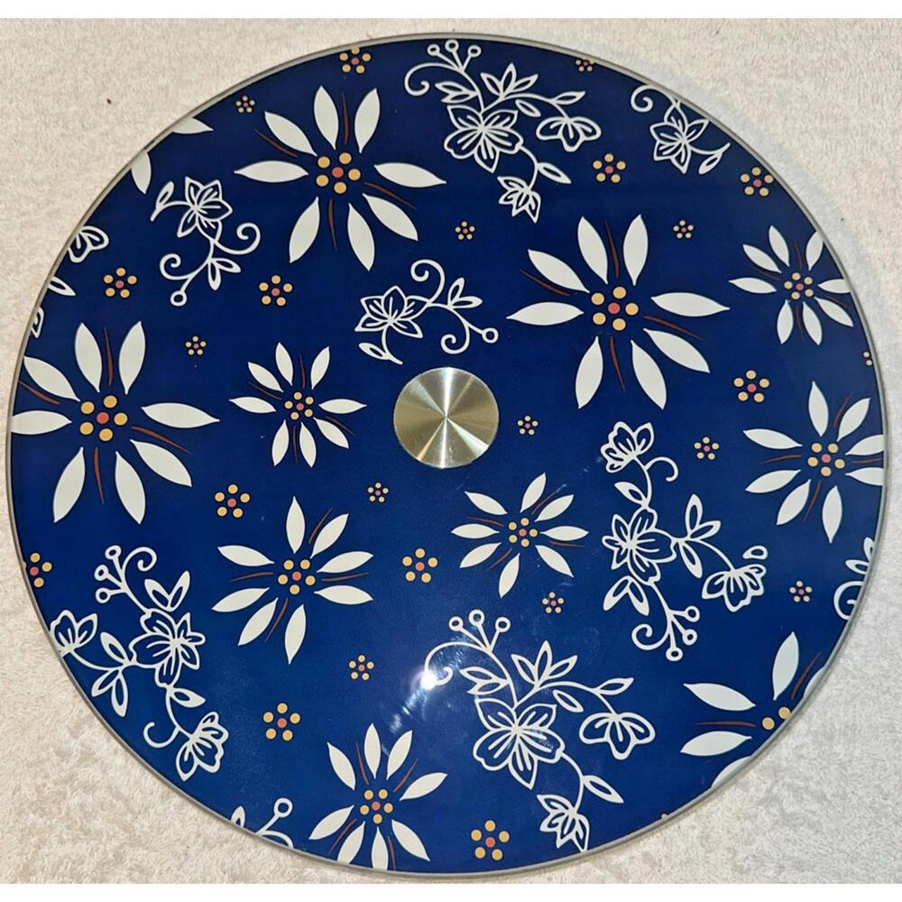 Temptations By Tara Glass Lazy Susan, Old World Blue, Easy Care Floral New